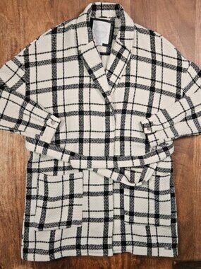 Bellfield Belted Cardigan Womens Small Black Tan Plaid Long Winter Sweater